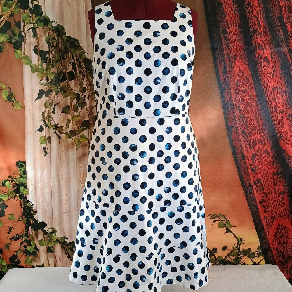 EUC Talbots Sz 12 White & Blue Water Dots Tiered Midi Sun Dress with Pockets